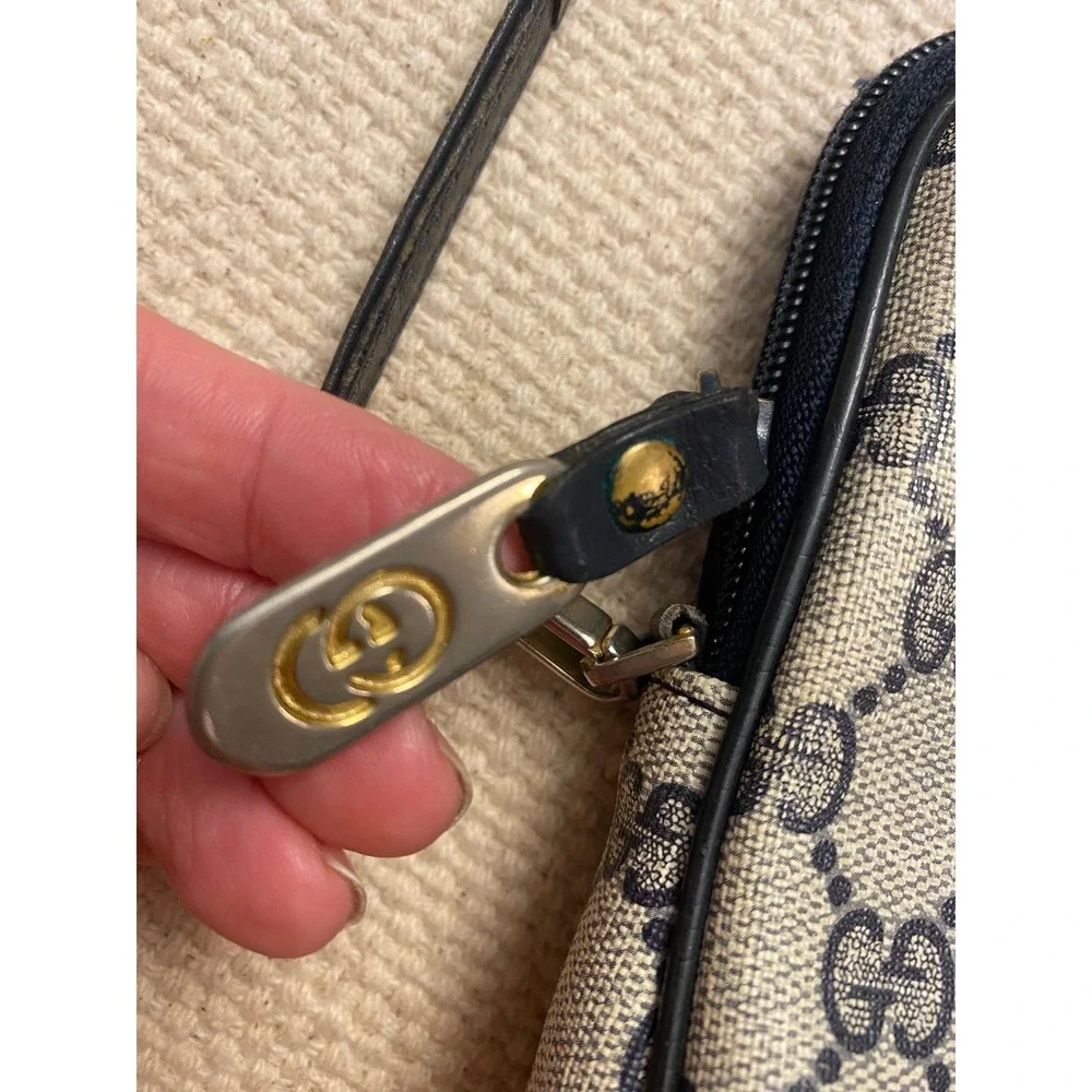 Gucci Vintage GG Supreme Coated Canvas Leather Bag Navy Blue Monogram